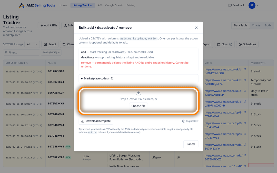 Bulk add ASINs dialog to paste, upload a CSV, or drag and drop ASINs to start tracking Amazon products