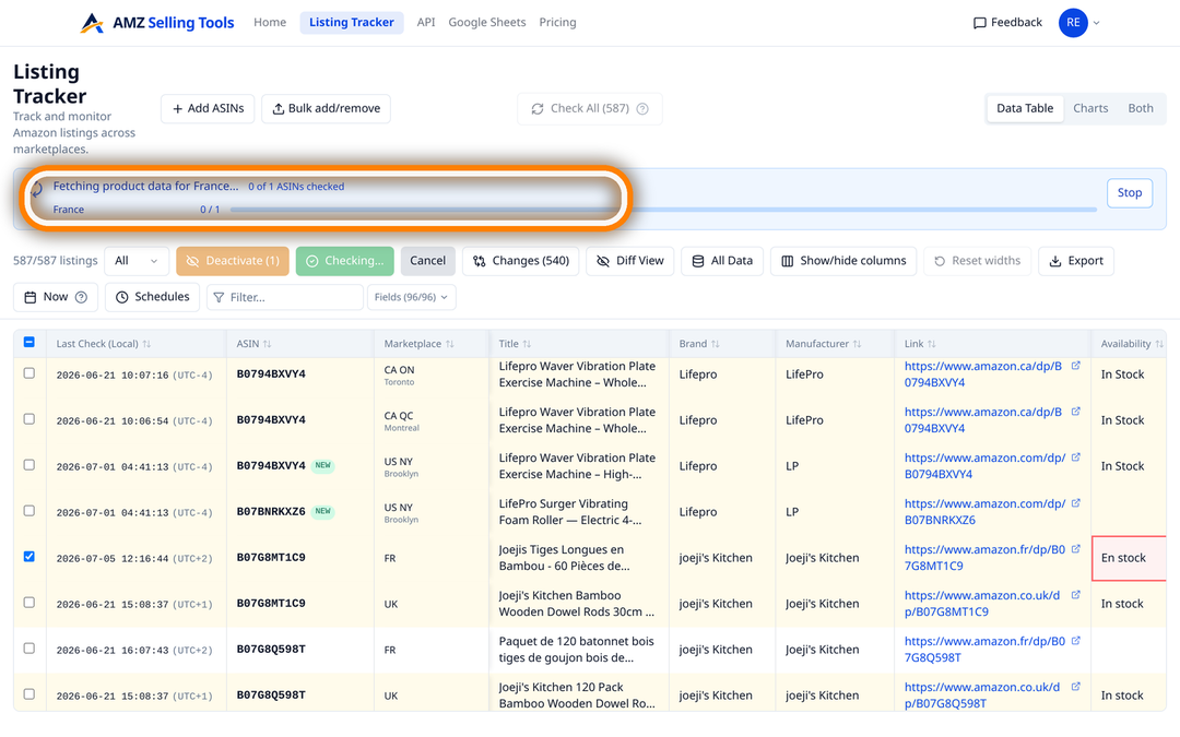 Live scraping progress bar refreshing Amazon product data across marketplaces on demand