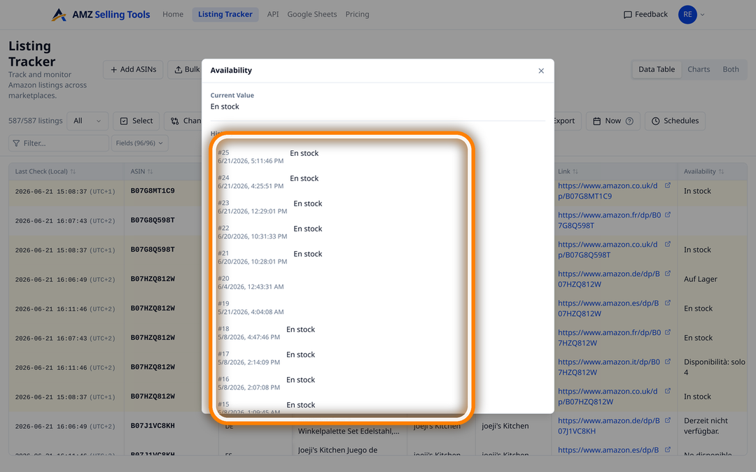 Change-history popup listing every recorded check with its date for one tracked Amazon listing field
