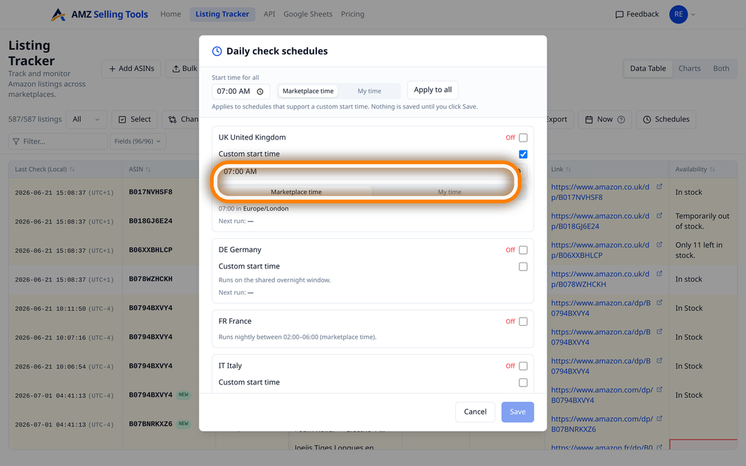 Daily check schedule settings with per-marketplace on and off toggles and start-time pickers