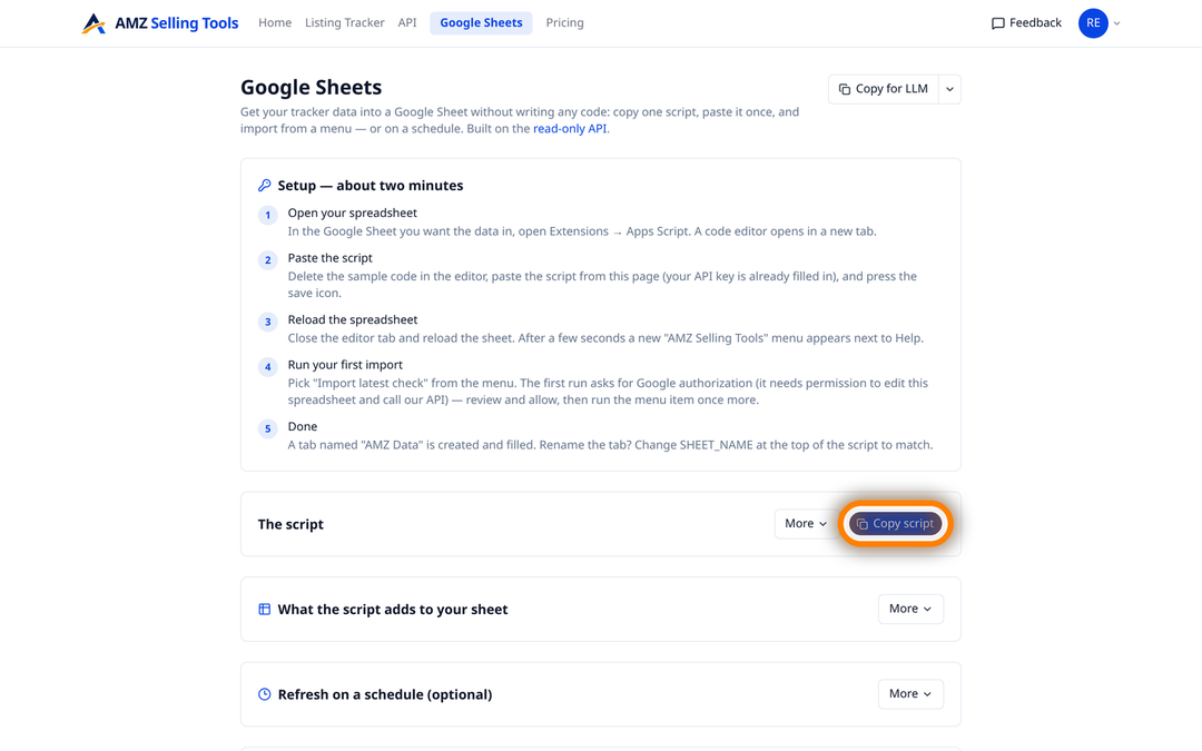 Google Sheets setup page with the copy-paste Apps Script that pulls tracked Amazon data into a spreadsheet