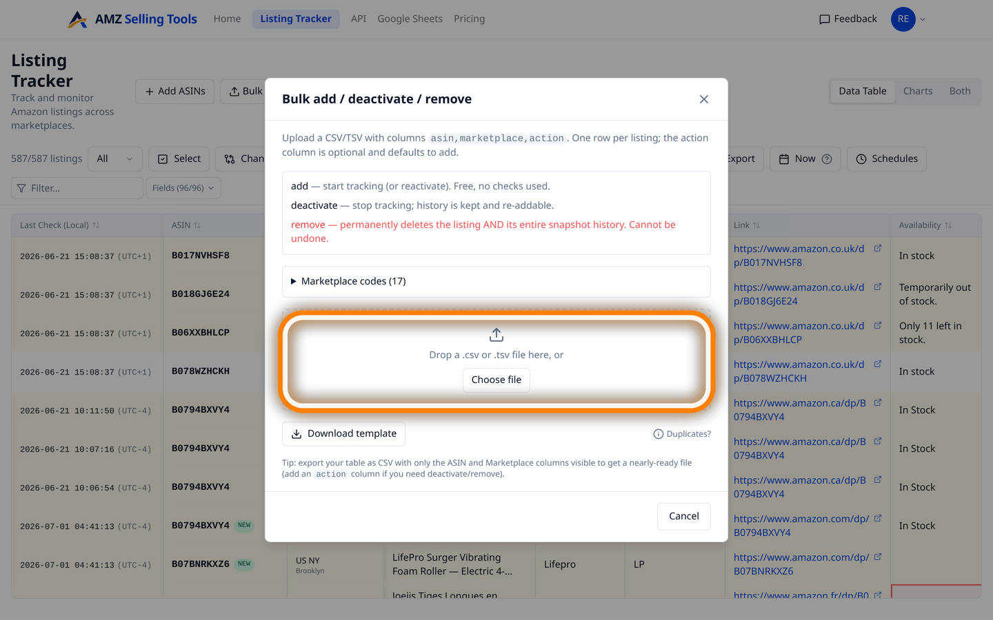 Bulk add ASINs dialog to paste, upload a CSV, or drag and drop ASINs to start tracking Amazon products