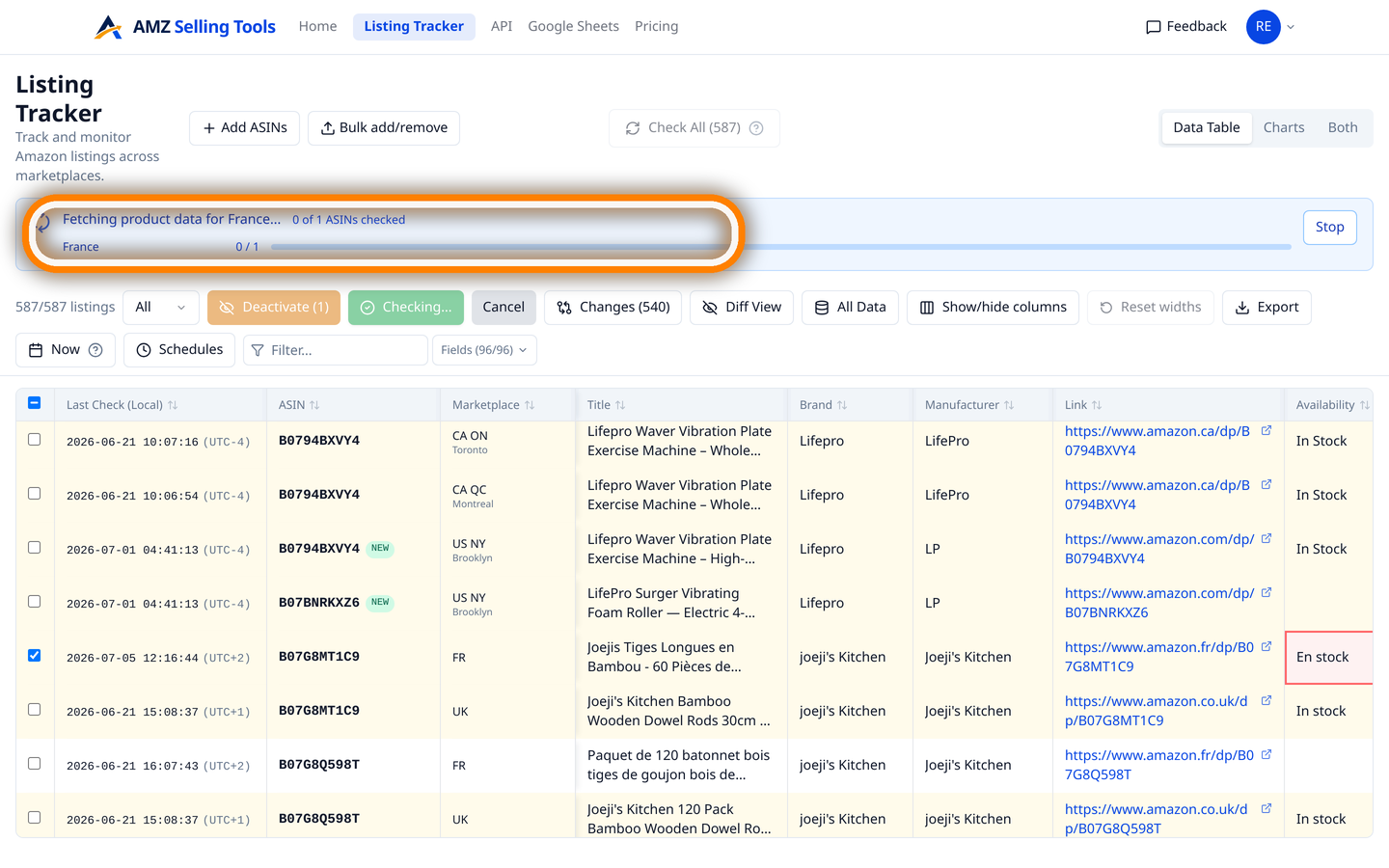 Live scraping progress bar refreshing Amazon product data across marketplaces on demand