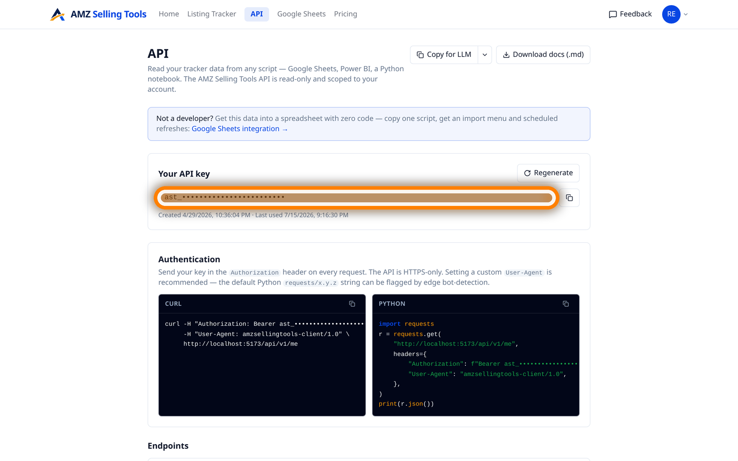 API documentation page showing a personal read-only API key with curl and Python request examples